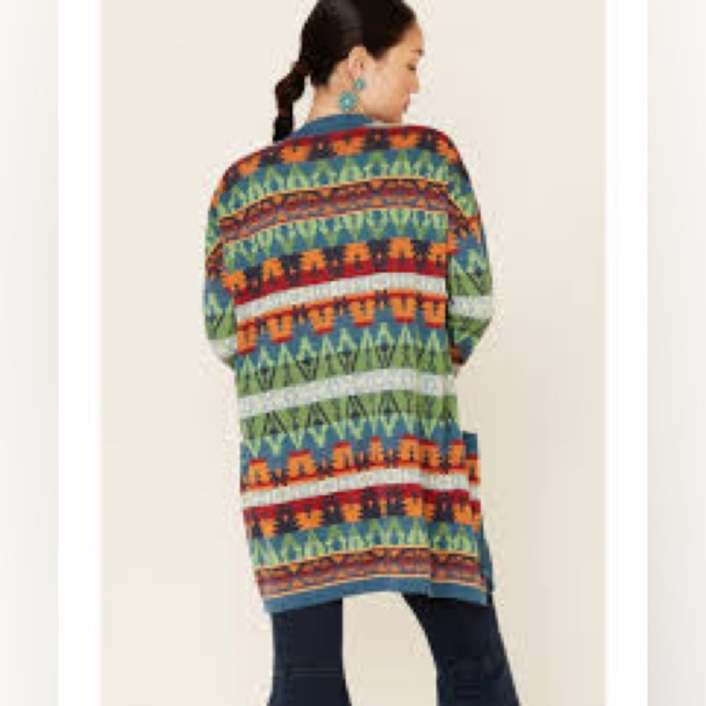 Tasha Polizzi Southwestern Print Cotton Knit Open-Front Cardigan Sweater